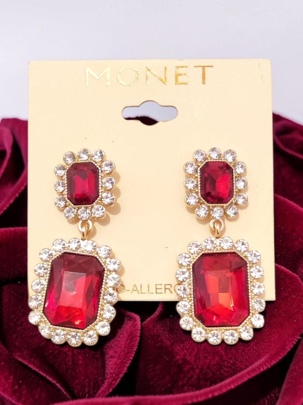 Monet Gold-Tone Earrings with Deep Red Crystals and Clear Accents